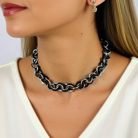 COLLANA CON CERCHI BICOLOR NERO E ARGENTO